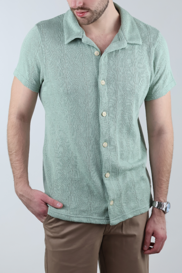 Camisa Hombre Manga Corta Tejido De Punto Verde Manzana Casual Y Fresca